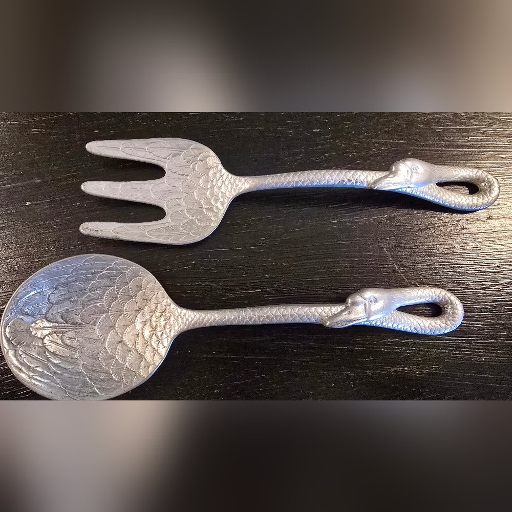 Vintage Arthur Court Aluminum Salad Server Set - Swan Serving Set